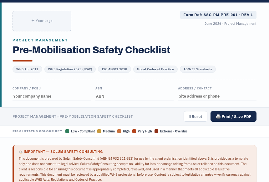 Preview of the Pre-Mobilisation Safety Checklist digital form