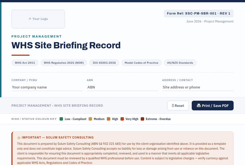 Preview of the WHS Site Briefing Record digital form