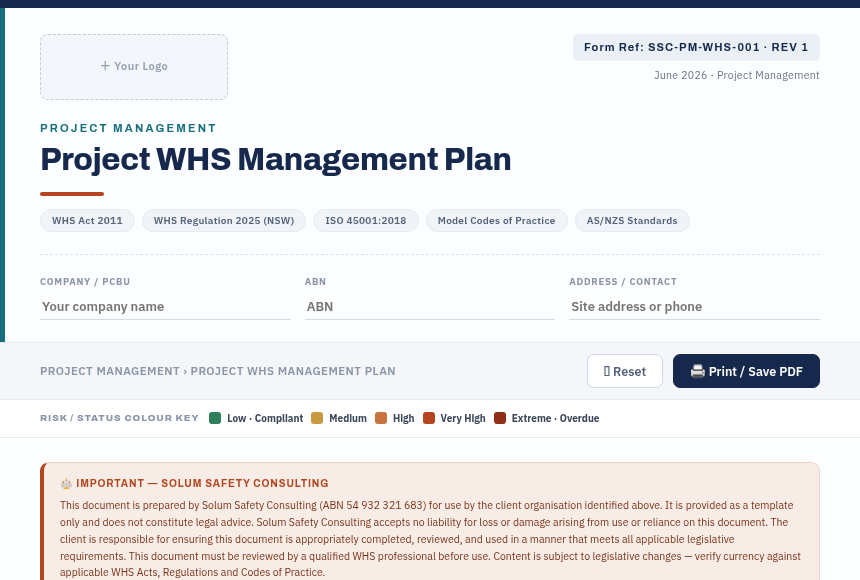 Preview of the Project WHS Management Plan digital form