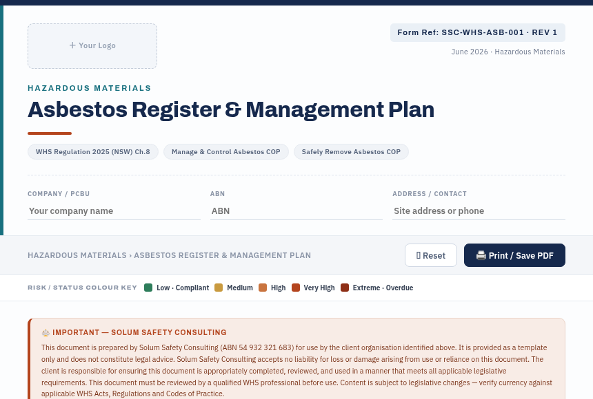 Preview of the Asbestos Register Management Plan digital form