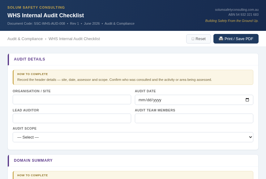 Preview of the WHS Internal Audit Checklist digital form
