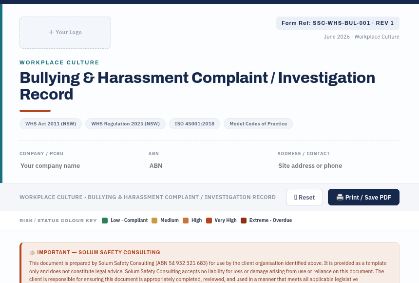 Preview of the Bullying Harassment Complaint Record digital form