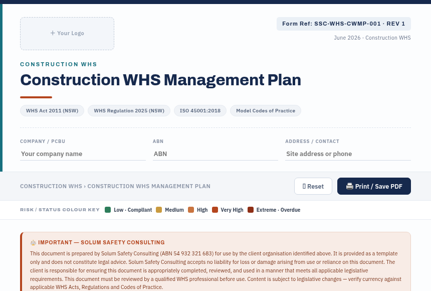Preview of the Construction WHS Management Plan digital form