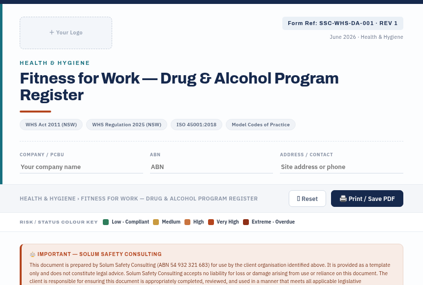 Preview of the Fitness for Work DA Register digital form