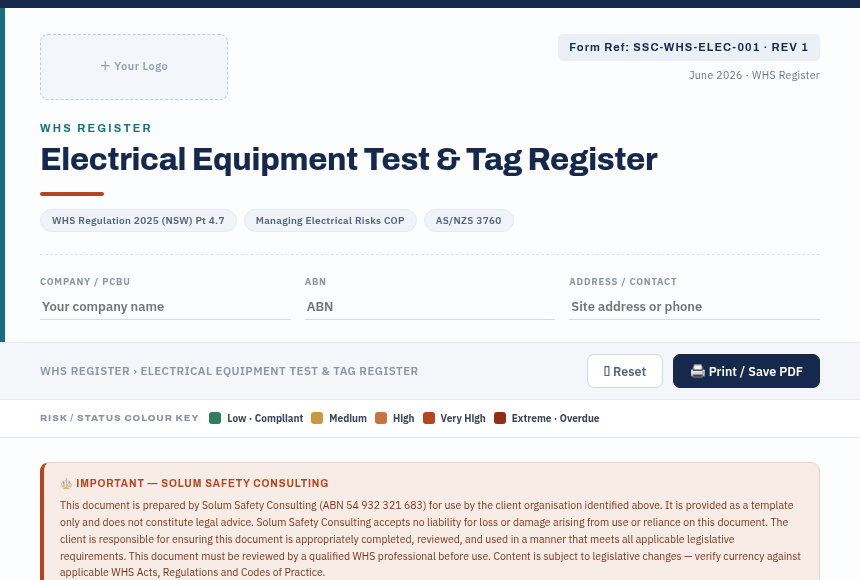 Preview of the Electrical Test Tag Register digital form