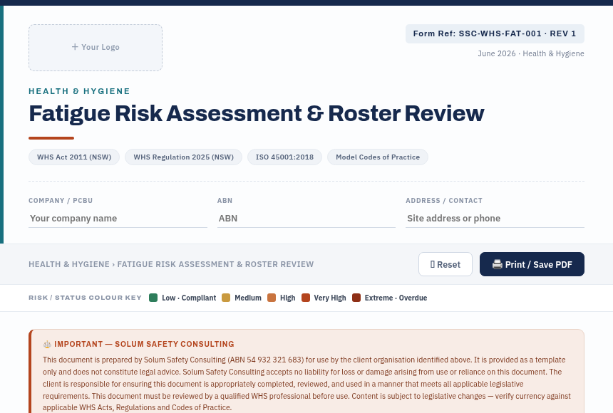 Preview of the Fatigue Risk Assessment digital form