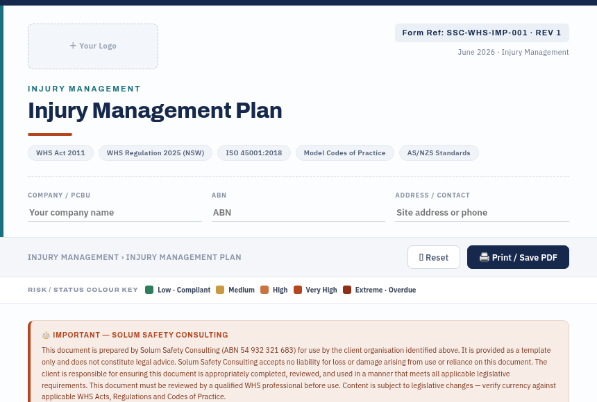Preview of the Injury Management Plan digital form