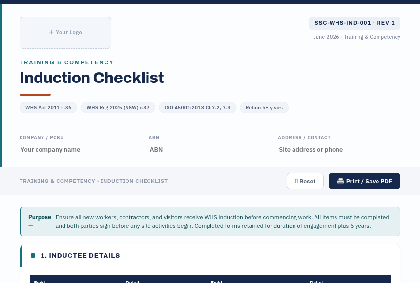 Preview of the Induction Checklist digital form