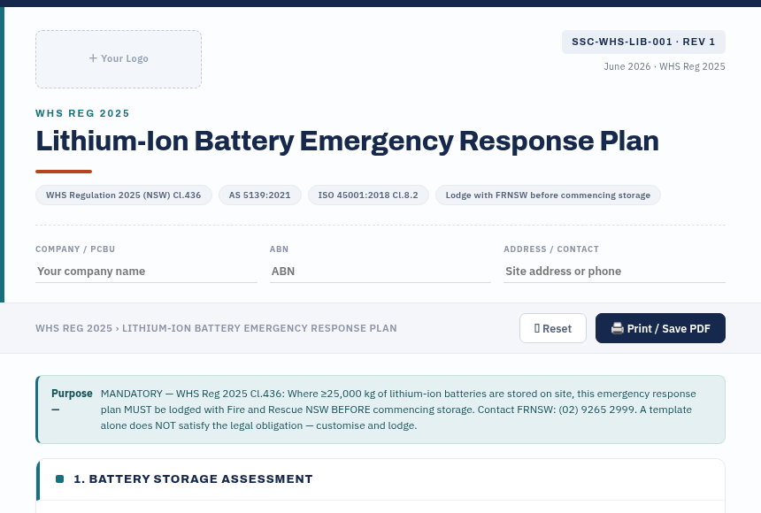 Preview of the Lithium-Ion Battery Emergency Response Plan digital form