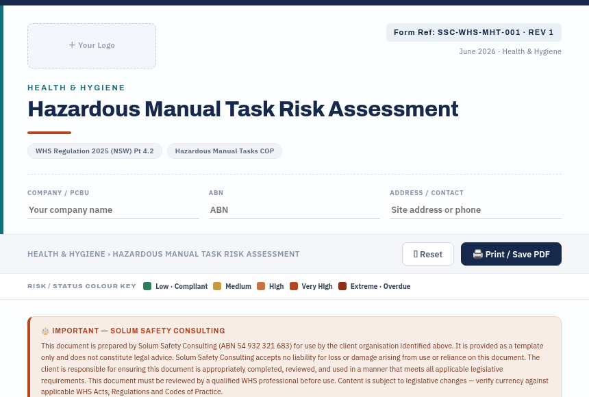 Preview of the Hazardous Manual Task RA digital form