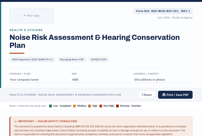 Preview of the Noise Risk Assessment digital form