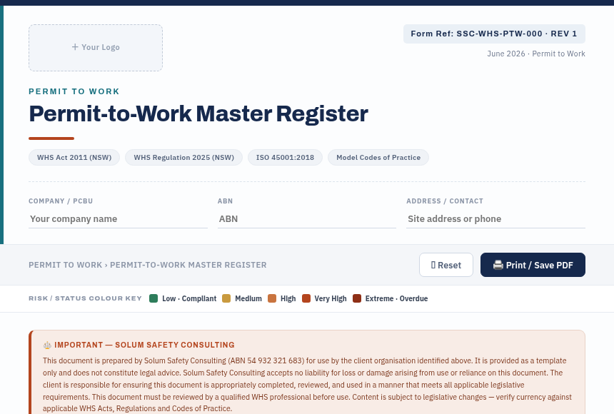 Preview of the Permit Master Register digital form