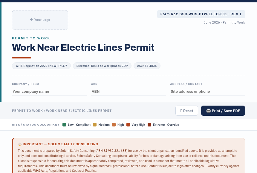 Preview of the Work Near Electric Lines Permit digital form