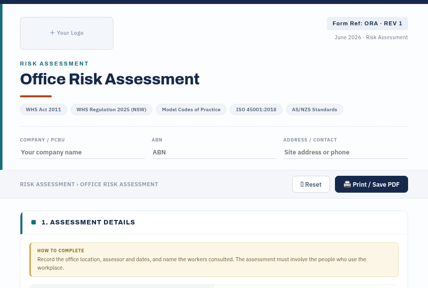 Preview of the Office Risk Assessment digital form