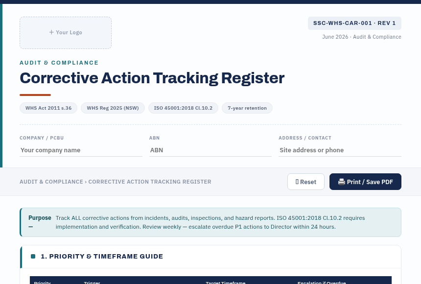 Preview of the Corrective Action Tracking Register digital form