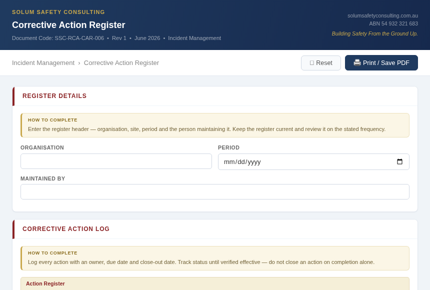 Preview of the Corrective Action Register digital form