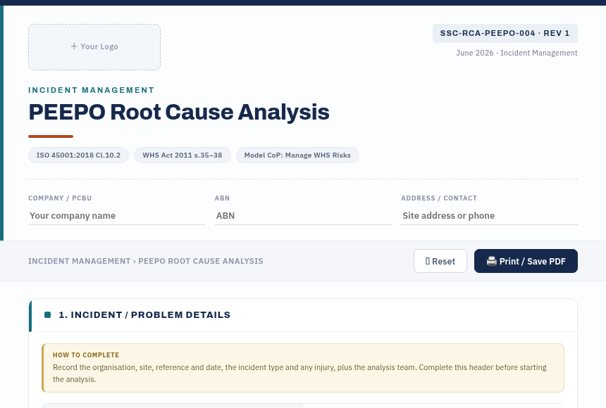 Preview of the PEEPO Root Cause Analysis digital form