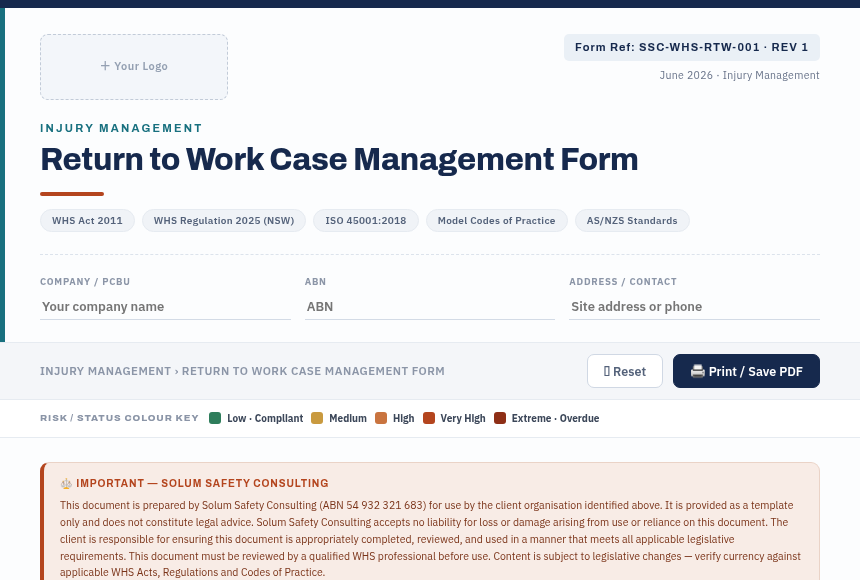 Preview of the Return to Work Case Management Form digital form
