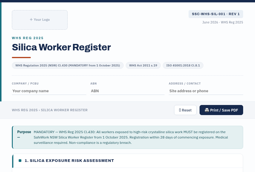 Preview of the Silica Worker Register digital form