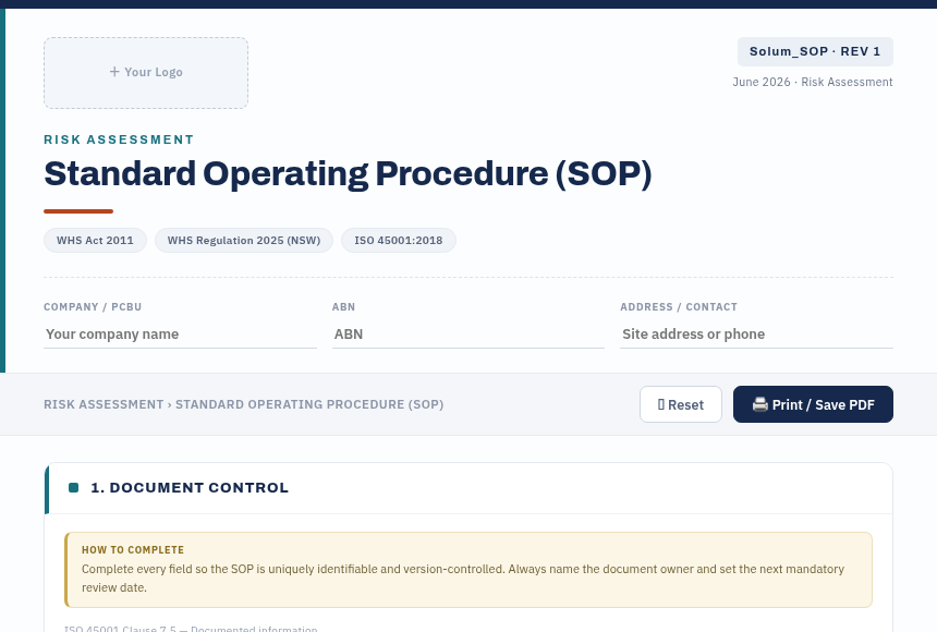 Preview of the Standard Operating Procedure digital form