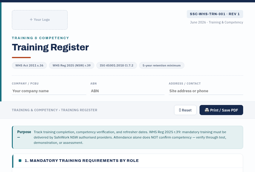 Preview of the Training Register digital form