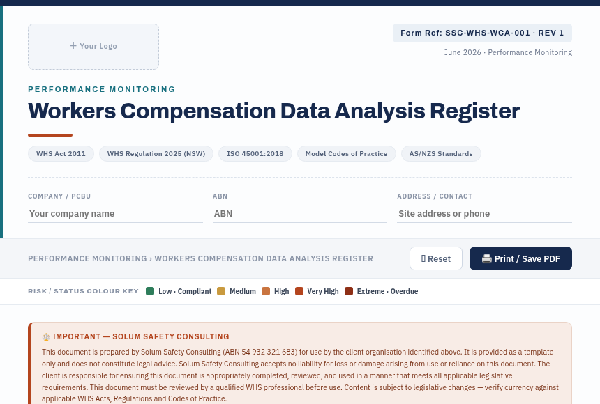 Preview of the Workers Compensation Data Analysis Register digital form