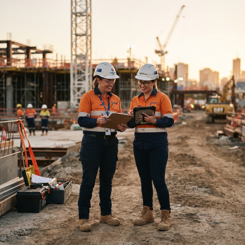 Solum consultants reviewing safety documentation on an Australian worksite